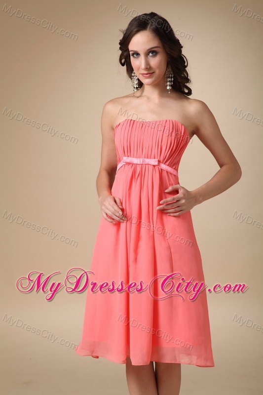 Knee-length Empire Chiffon Ruched Watermelon Quince Dama Dresses