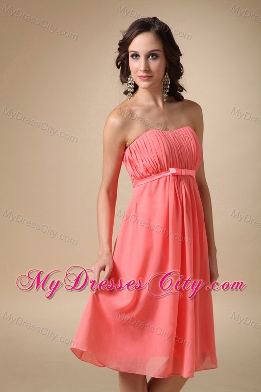 Knee-length Empire Chiffon Ruched Watermelon Quince Dama Dresses