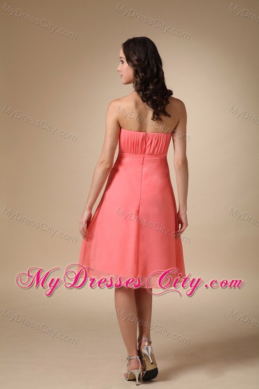 Knee-length Empire Chiffon Ruched Watermelon Quince Dama Dresses