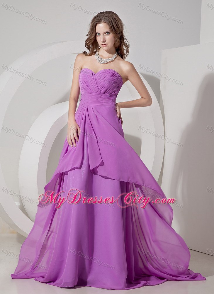 Ruched Two Layers Brush Train Chiffon Lavender Cheap Dama Dress