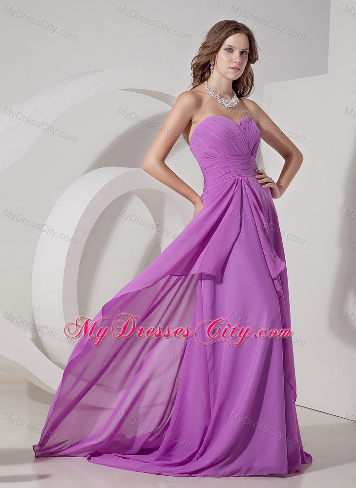 Ruched Two Layers Brush Train Chiffon Lavender Cheap Dama Dress