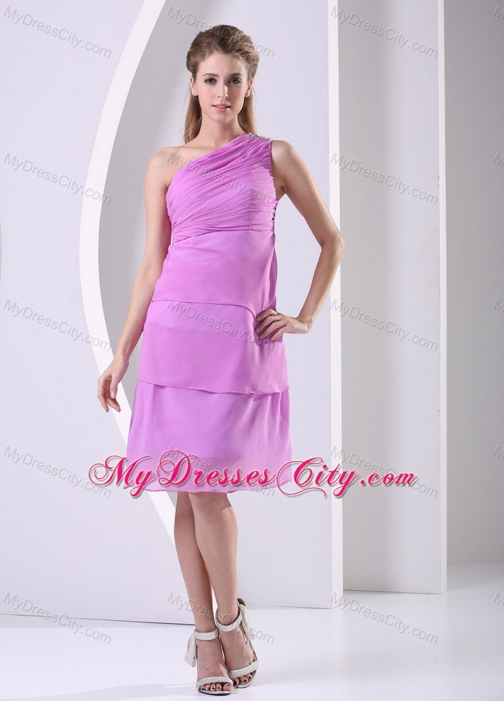 Layered Beaded One Shoulder Lilac Knee-length Cocktail Dress