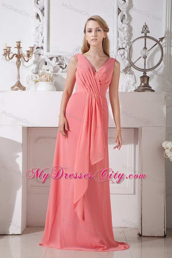 Watermelon Empire V-neck Brush Train Chiffon Ruched Dama dress