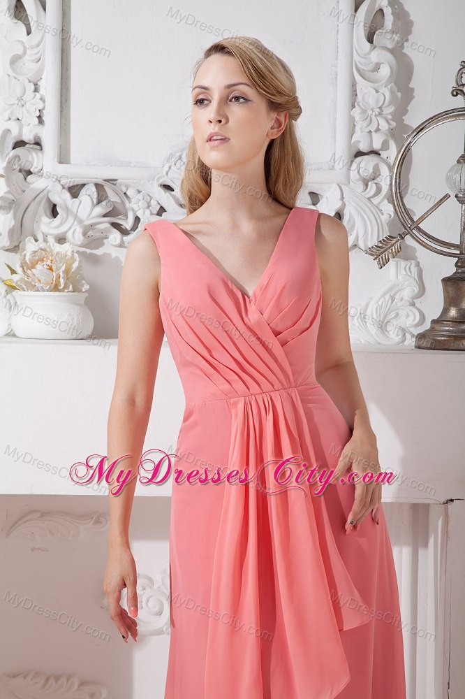 Watermelon Empire V-neck Brush Train Chiffon Ruched Dama dress