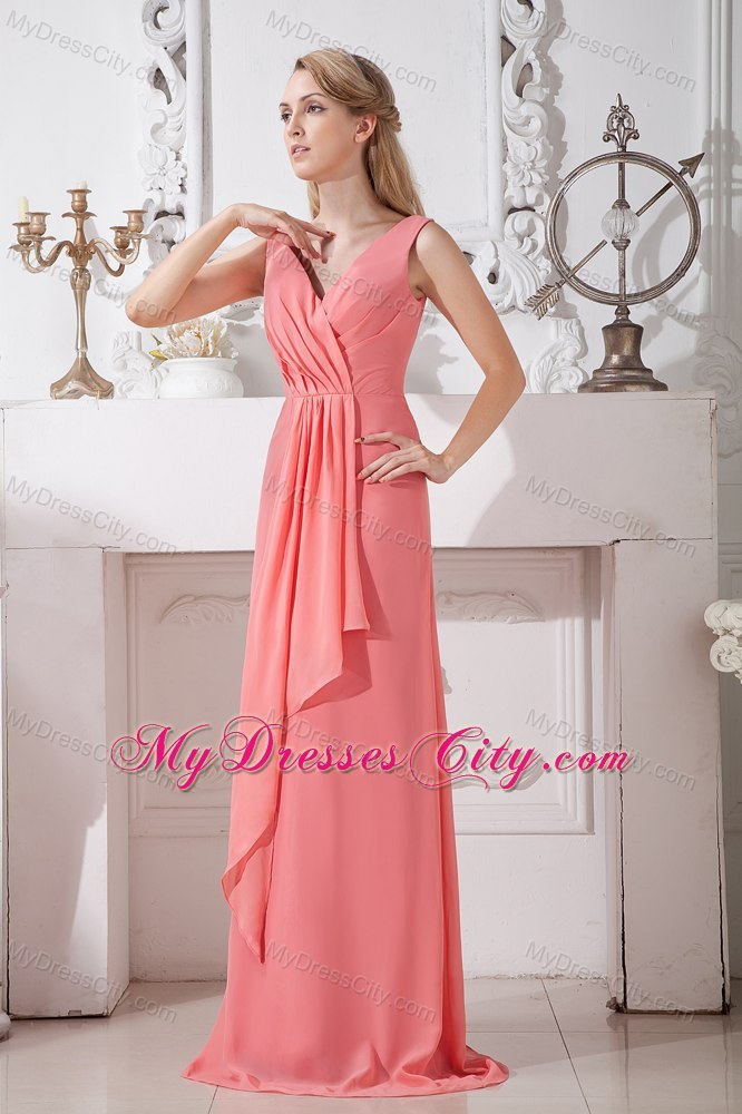 Watermelon Empire V-neck Brush Train Chiffon Ruched Dama dress