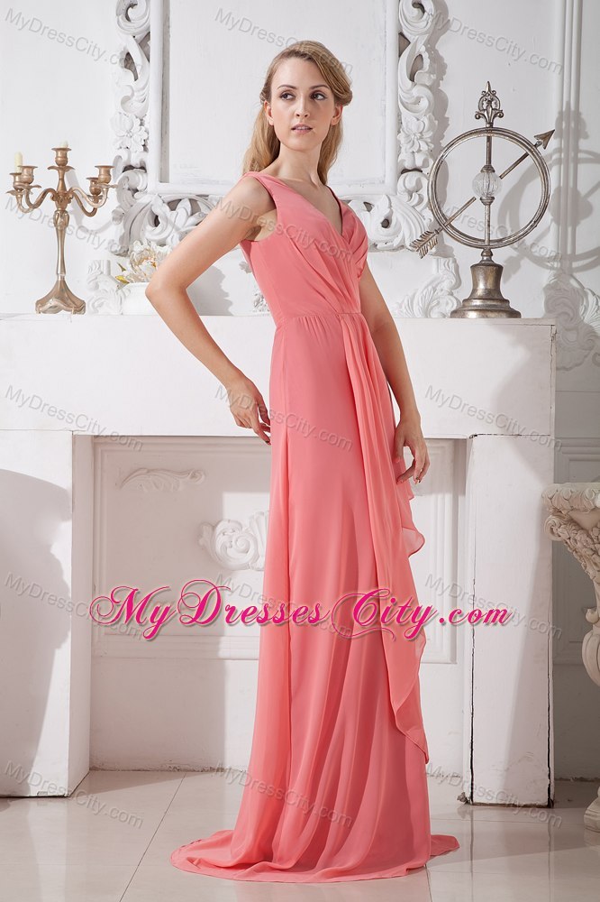 Watermelon Empire V-neck Brush Train Chiffon Ruched Dama dress