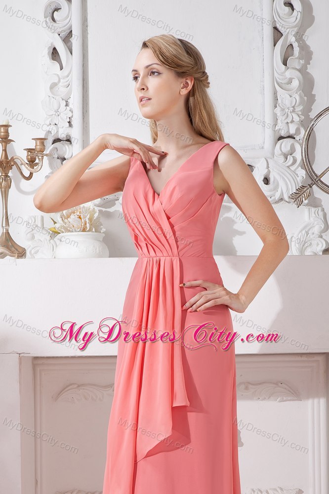 Watermelon Empire V-neck Brush Train Chiffon Ruched Dama dress