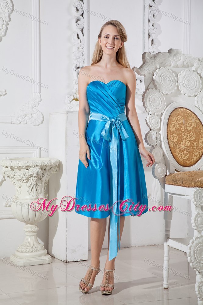 Ruched Sweetheart Knee-length Sash Blue Bridesmaid Dress