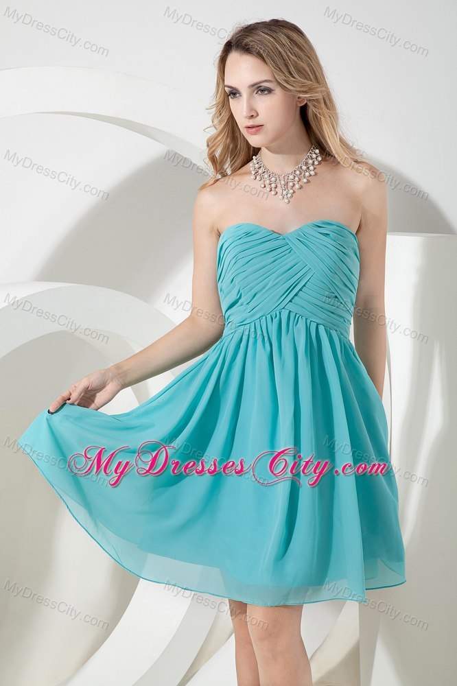 Ruched Chiffon Turquoise A-line Knee-length Bridesmaid Dama Dresses