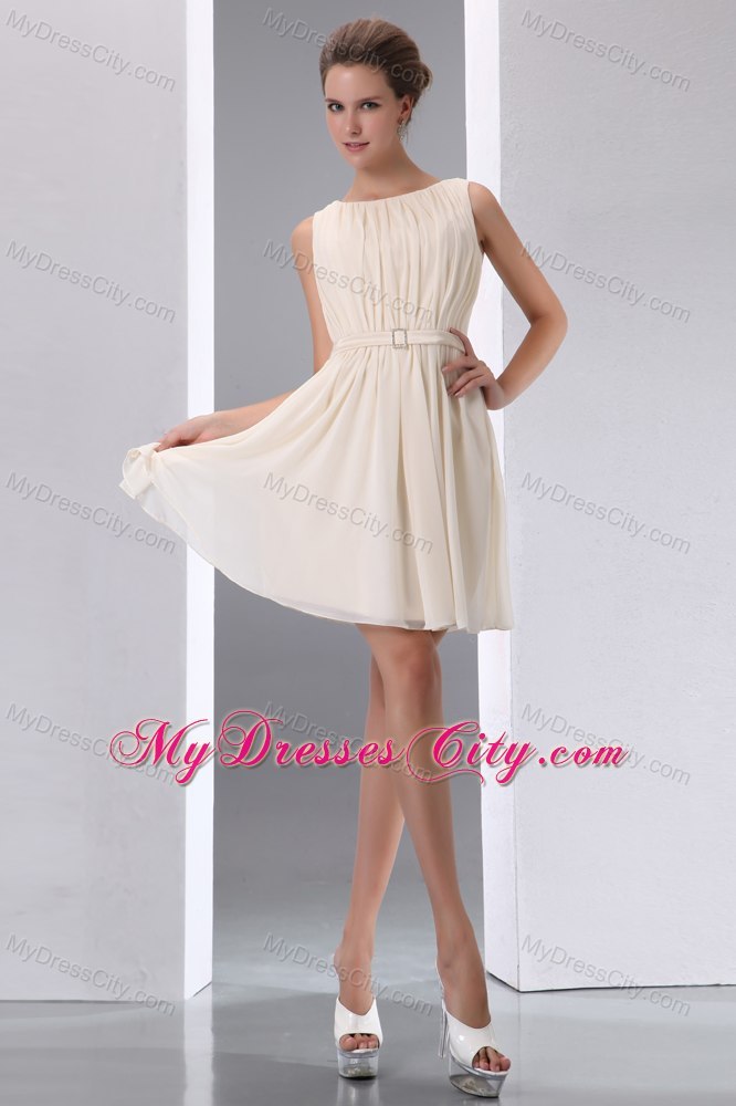 Champagne Scoop Mini-length Ruched Chiffon Belt Dama Quinceanera Dresses