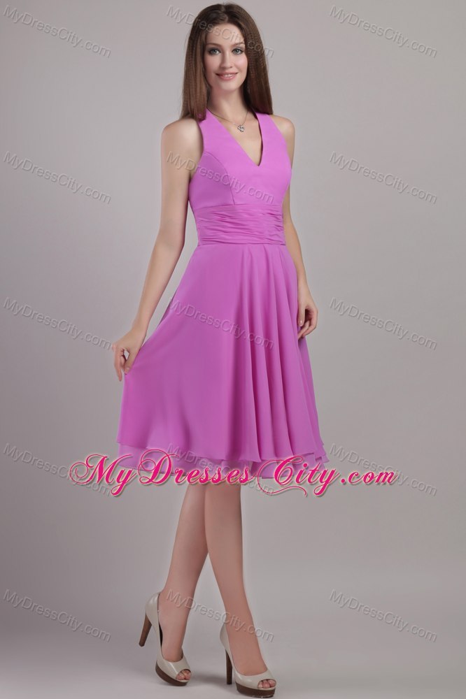 Halter Lavender Knee-length Zip Back Chiffon Homecoming Dress