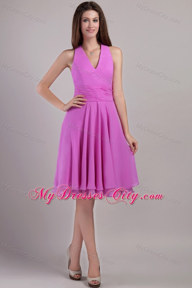 Halter Lavender Knee-length Zip Back Chiffon Homecoming Dress