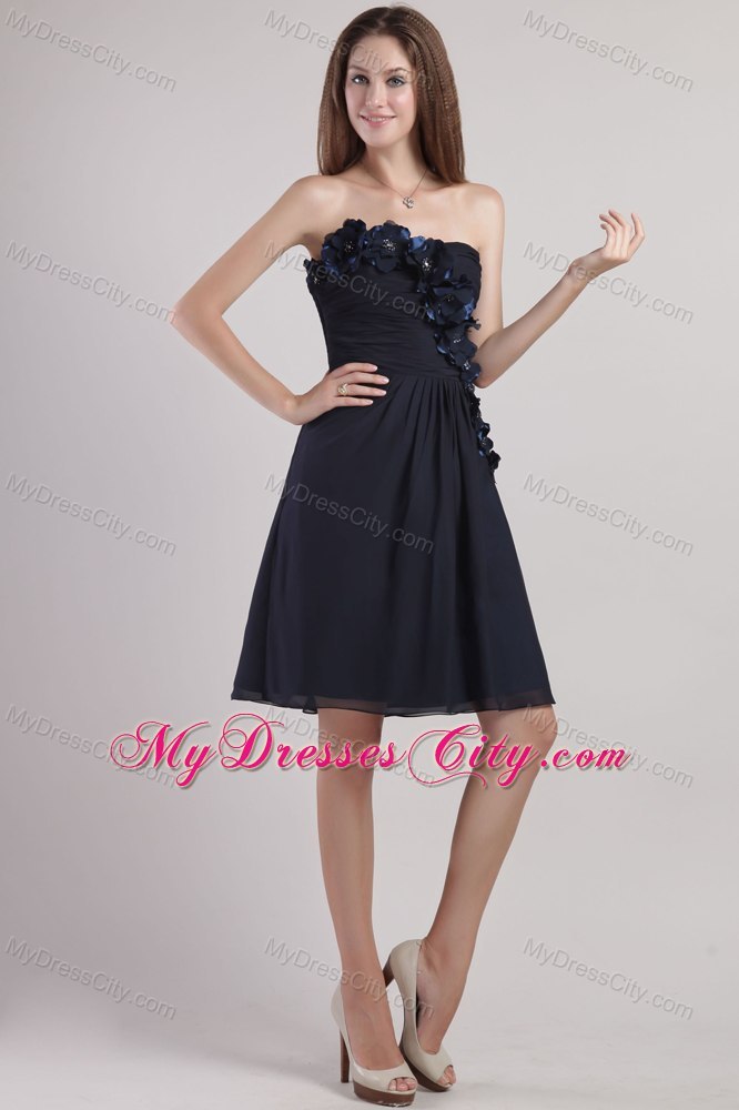 Flowers Strapless Knee-length Navy Blue Chiffon Dama Quinceanera Dresses