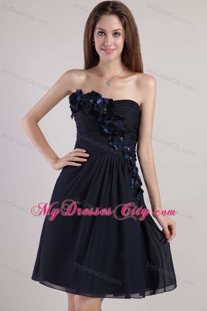 Flowers Strapless Knee-length Navy Blue Chiffon Dama Quinceanera Dresses