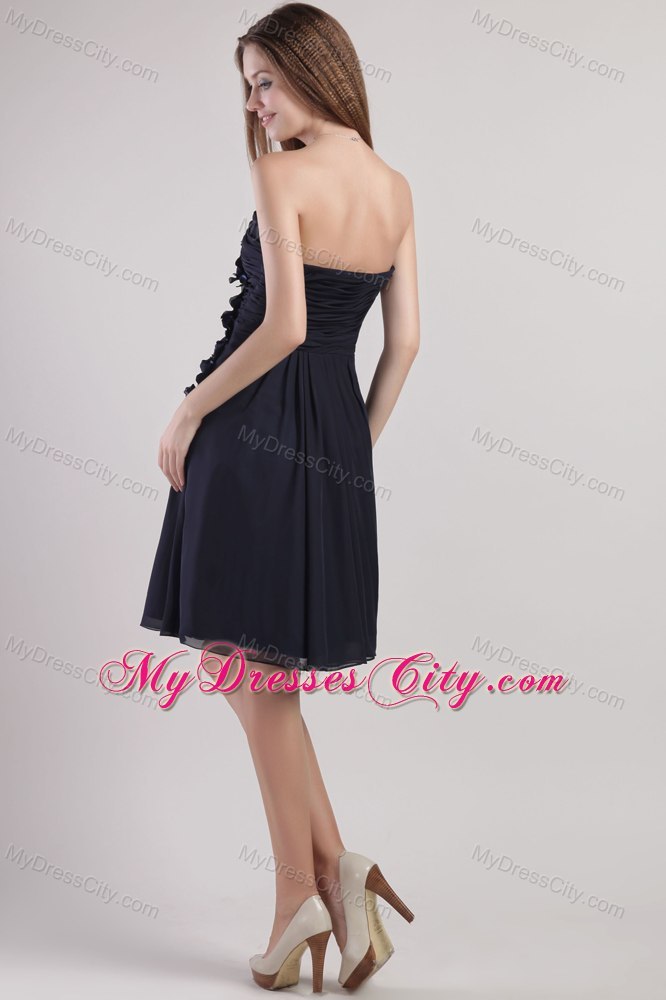 Flowers Strapless Knee-length Navy Blue Chiffon Dama Quinceanera Dresses