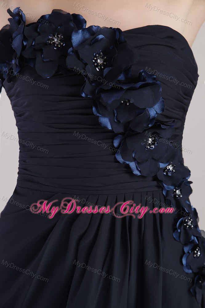 Flowers Strapless Knee-length Navy Blue Chiffon Dama Quinceanera Dresses