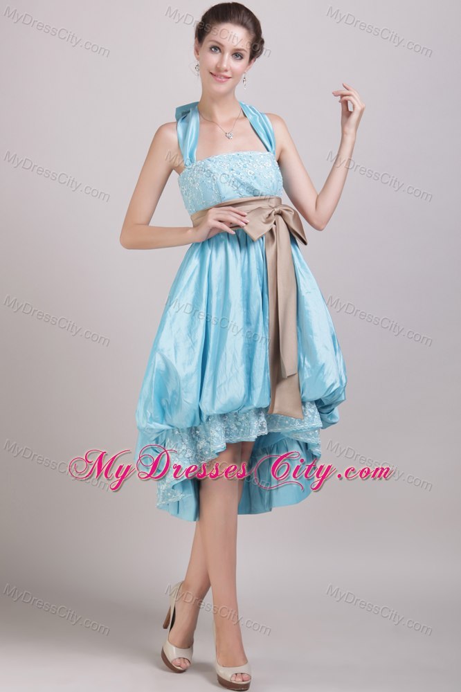 Halter Grey Bow Sash Embroidery Beaded Front Short Back Long Dama Dress