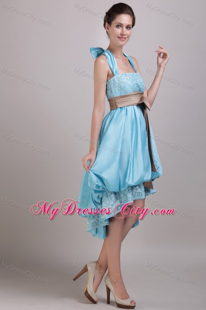 Halter Grey Bow Sash Embroidery Beaded Front Short Back Long Dama Dress