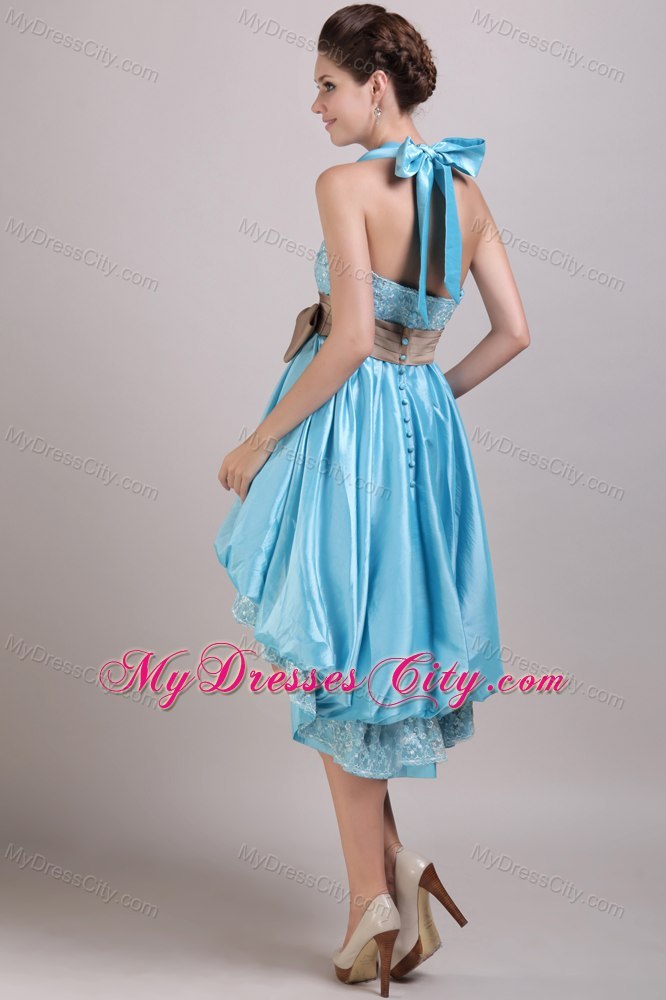 Halter Grey Bow Sash Embroidery Beaded Front Short Back Long Dama Dress