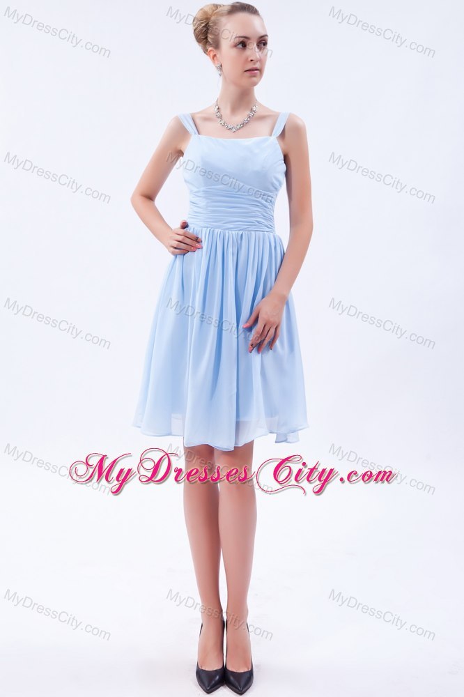 Straps Ruched Knee-length Light Blue Chiffon Bridesmaid Dama Dresses