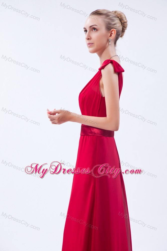 Bowknot One Shoulder Red Chiffon Ruched Damas Dresses for Quince