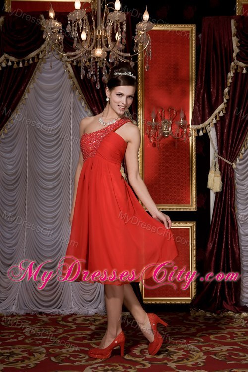 Red One Shoulder Beaded Tea-length Dama Dresses with Cool Back