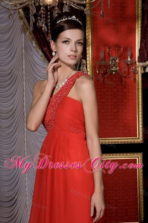 Red One Shoulder Beaded Tea-length Dama Dresses with Cool Back