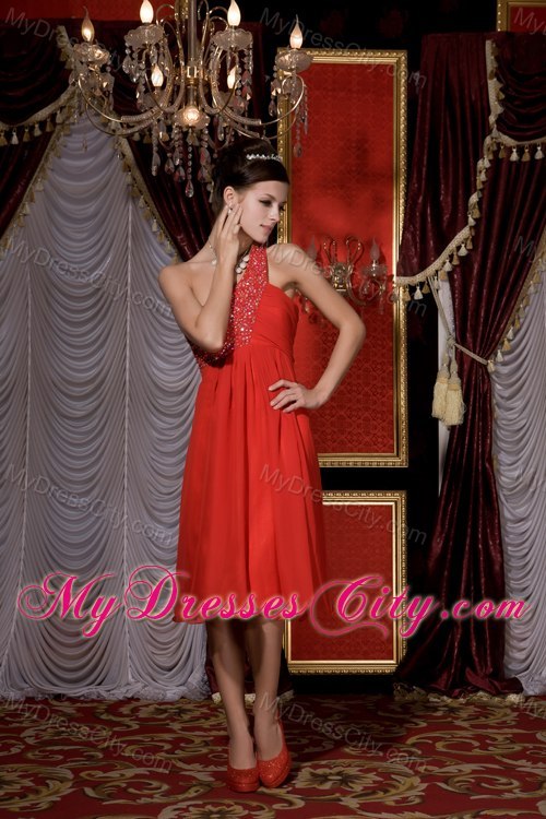 Red One Shoulder Beaded Tea-length Dama Dresses with Cool Back