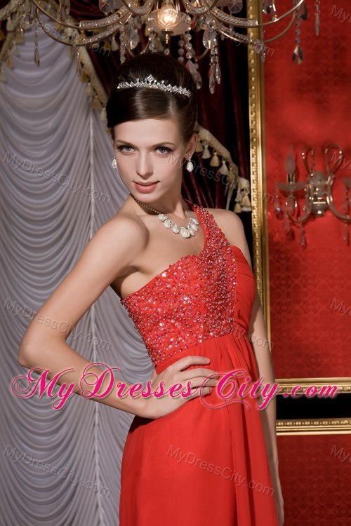 Red One Shoulder Beaded Tea-length Dama Dresses with Cool Back