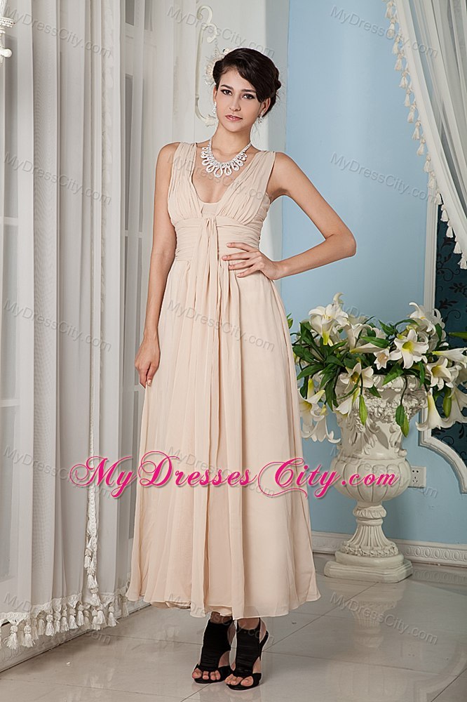 Champagne Ankle-length Chiffon Ruched V-neck Dresses for Damas