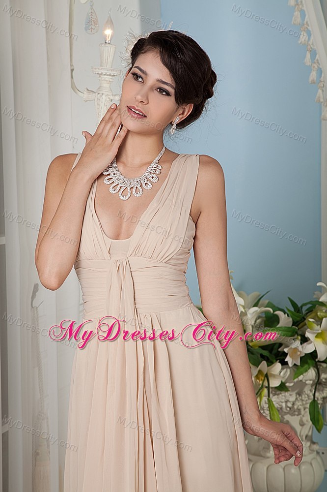 Champagne Ankle-length Chiffon Ruched V-neck Dresses for Damas