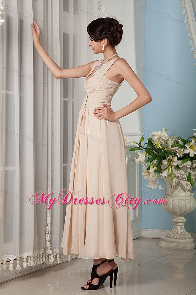 Champagne Ankle-length Chiffon Ruched V-neck Dresses for Damas