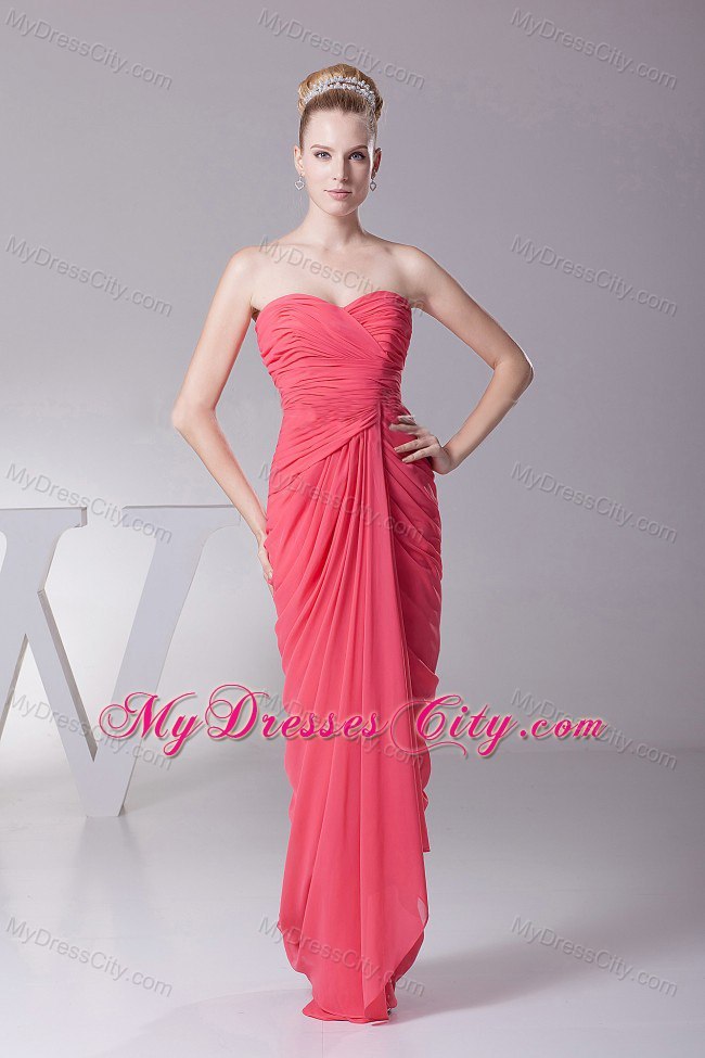 Chiffon Ruched Bodice Sweetheart Coral Red Prom Evening Dress