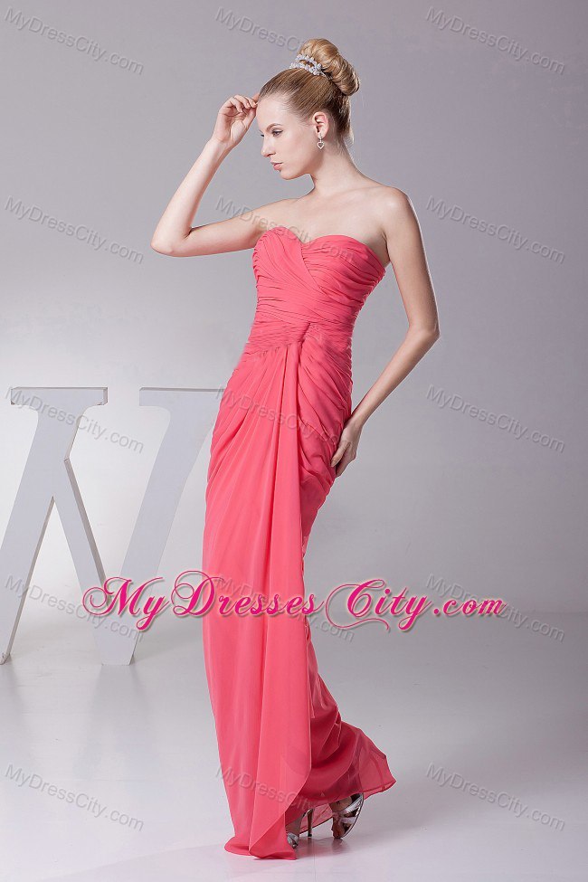 Chiffon Ruched Bodice Sweetheart Coral Red Prom Evening Dress