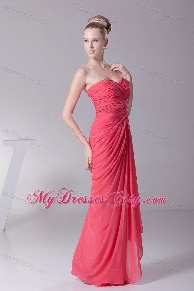 Chiffon Ruched Bodice Sweetheart Coral Red Prom Evening Dress