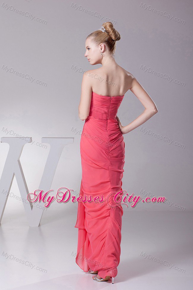 Chiffon Ruched Bodice Sweetheart Coral Red Prom Evening Dress