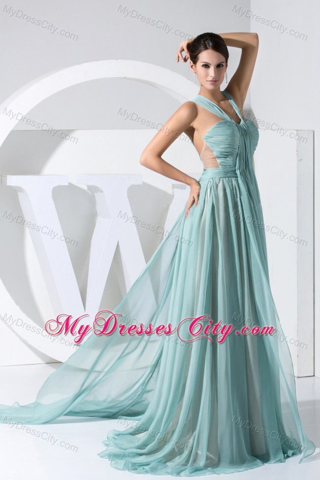 Ruching Straps Watteau Train Light Blue 2013 Evening Dress