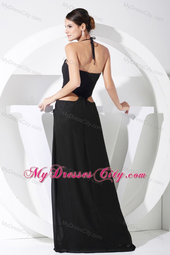 High Slit Halter Black Chiffon Floor-length Evening Dress