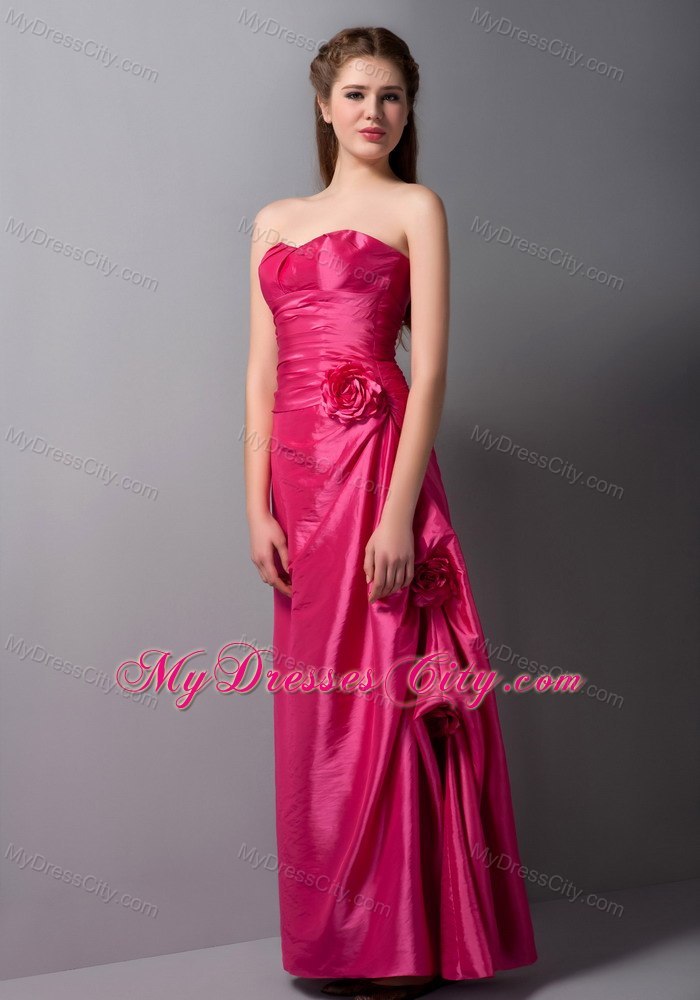 Coral Red Column Sweetheart Hand Made Flowers Evening Dress