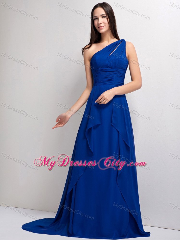 Stylish Peacock Blue A-line One Shoulder Ruched Evening Dress