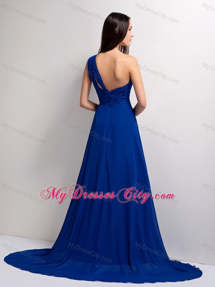 Stylish Peacock Blue A-line One Shoulder Ruched Evening Dress