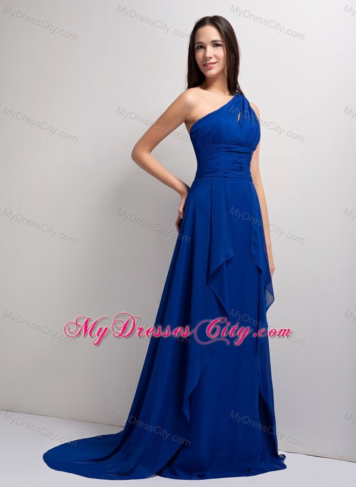 Stylish Peacock Blue A-line One Shoulder Ruched Evening Dress