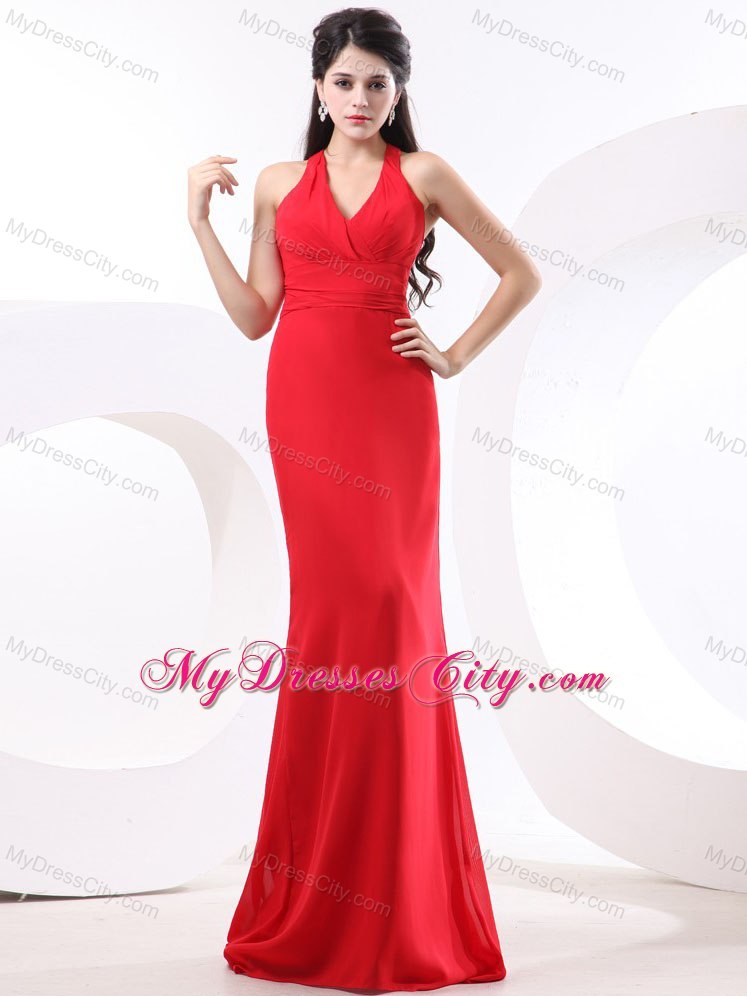 Red Column Halter Prom Evening Dresses With Brush Train