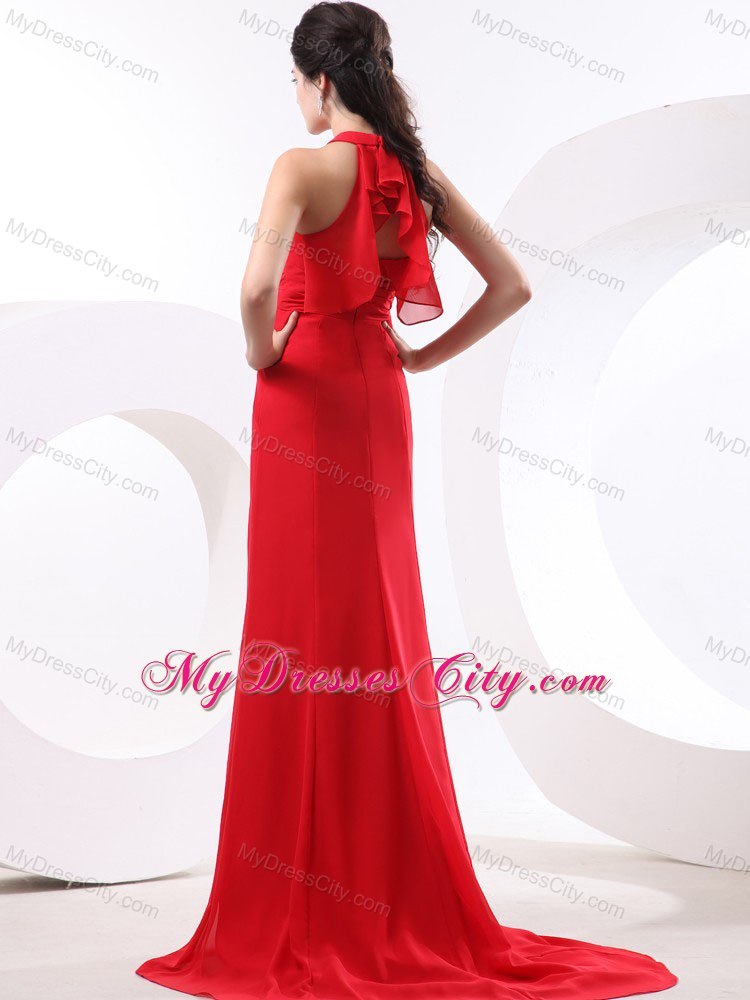 Red Column Halter Prom Evening Dresses With Brush Train