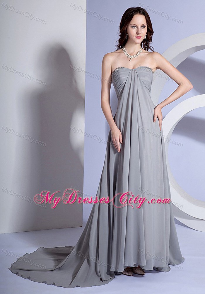 Beading Sweetheart Grey Chiffon Brush Train Evening Dress