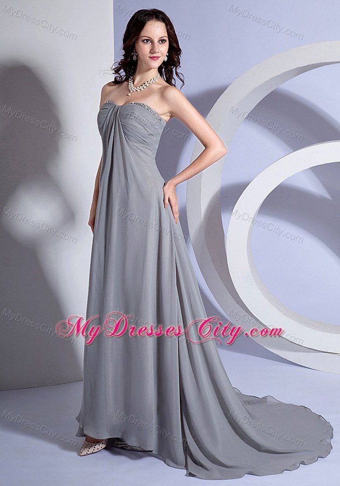 Beading Sweetheart Grey Chiffon Brush Train Evening Dress