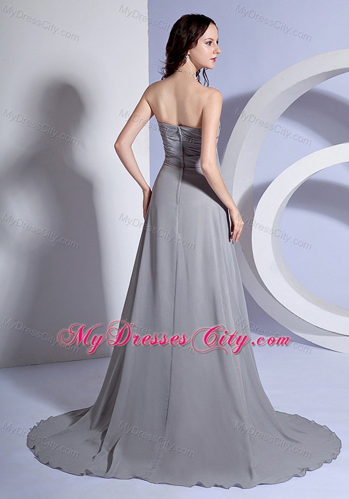 Beading Sweetheart Grey Chiffon Brush Train Evening Dress