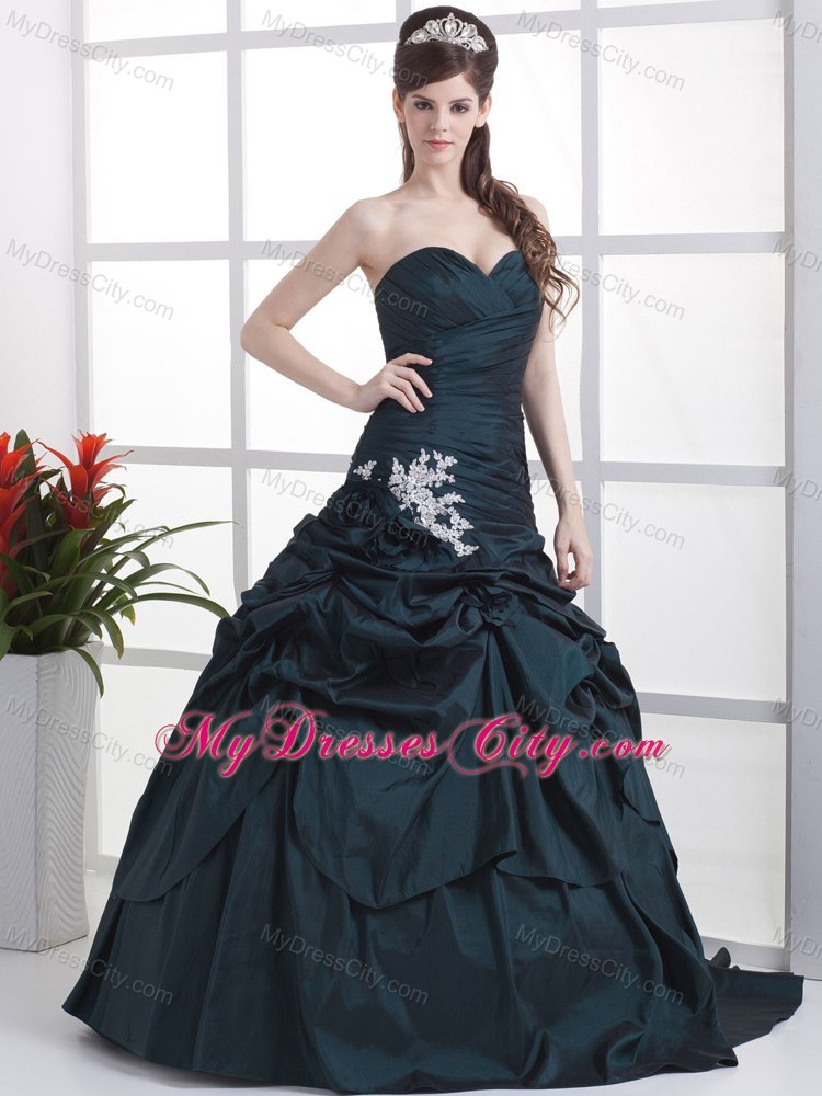 Navy Blue Sweetheart Appliques and Pick-ups Evening Gowns