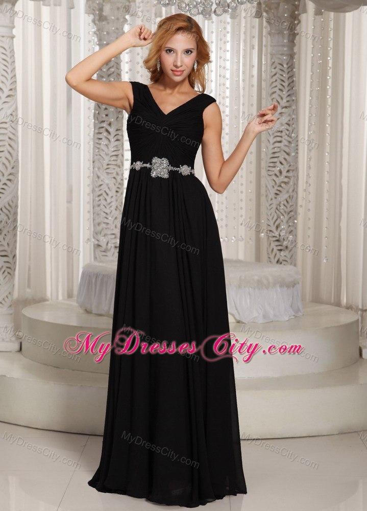 V-neck Black Floor-length Chiffon Beaded Belt Evening Dress