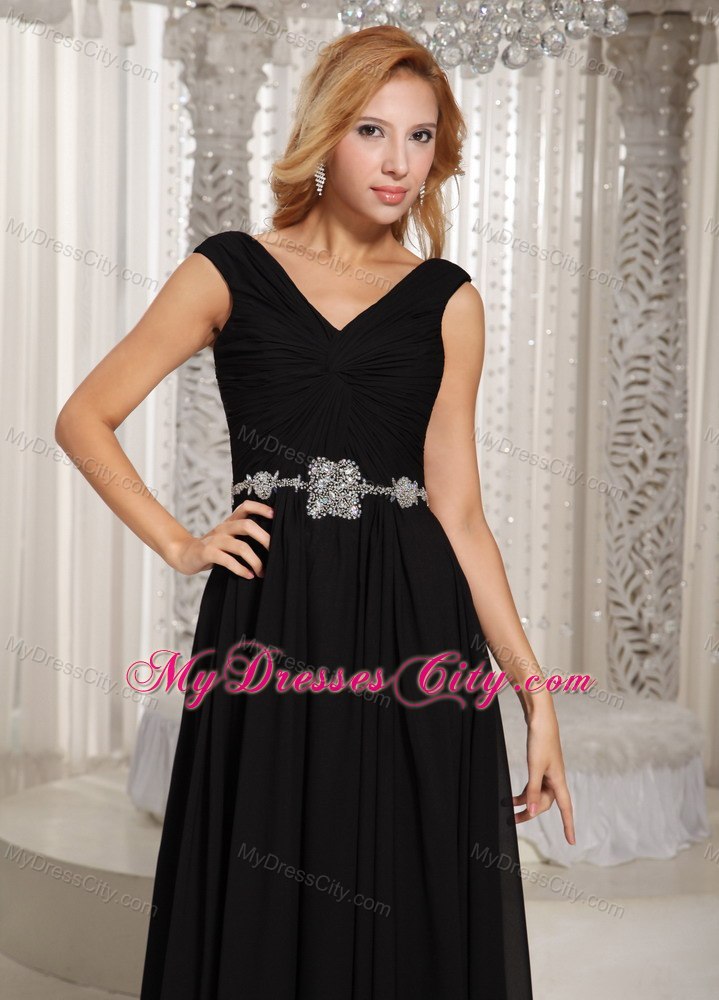 V-neck Black Floor-length Chiffon Beaded Belt Evening Dress